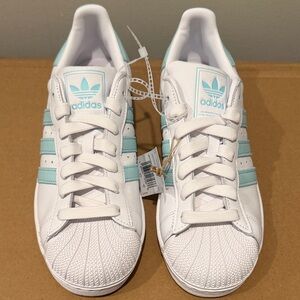 adidas original superstar White Sneakers with Light Blue Stripes - Women's